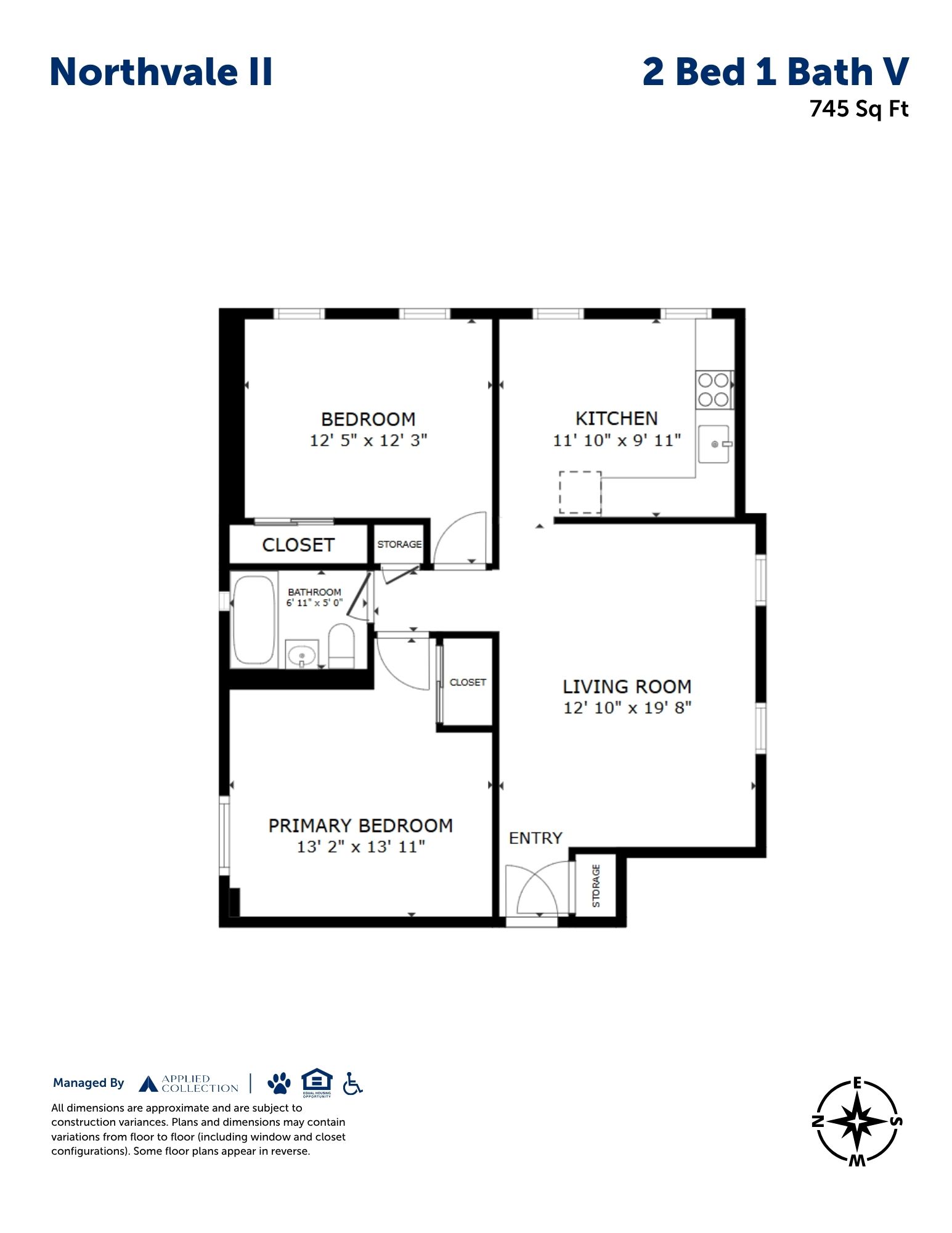 Floor plan for 2 beds, 1 bath, 745 sqft